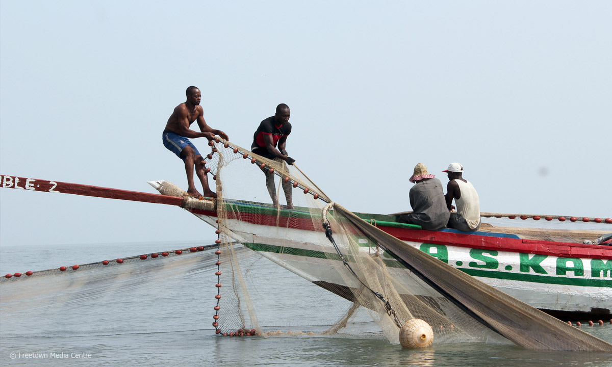 Filmstill "Neue Boote, leere Netze": Männer beim Einbringen des Netzes, © Freetown Media Centre