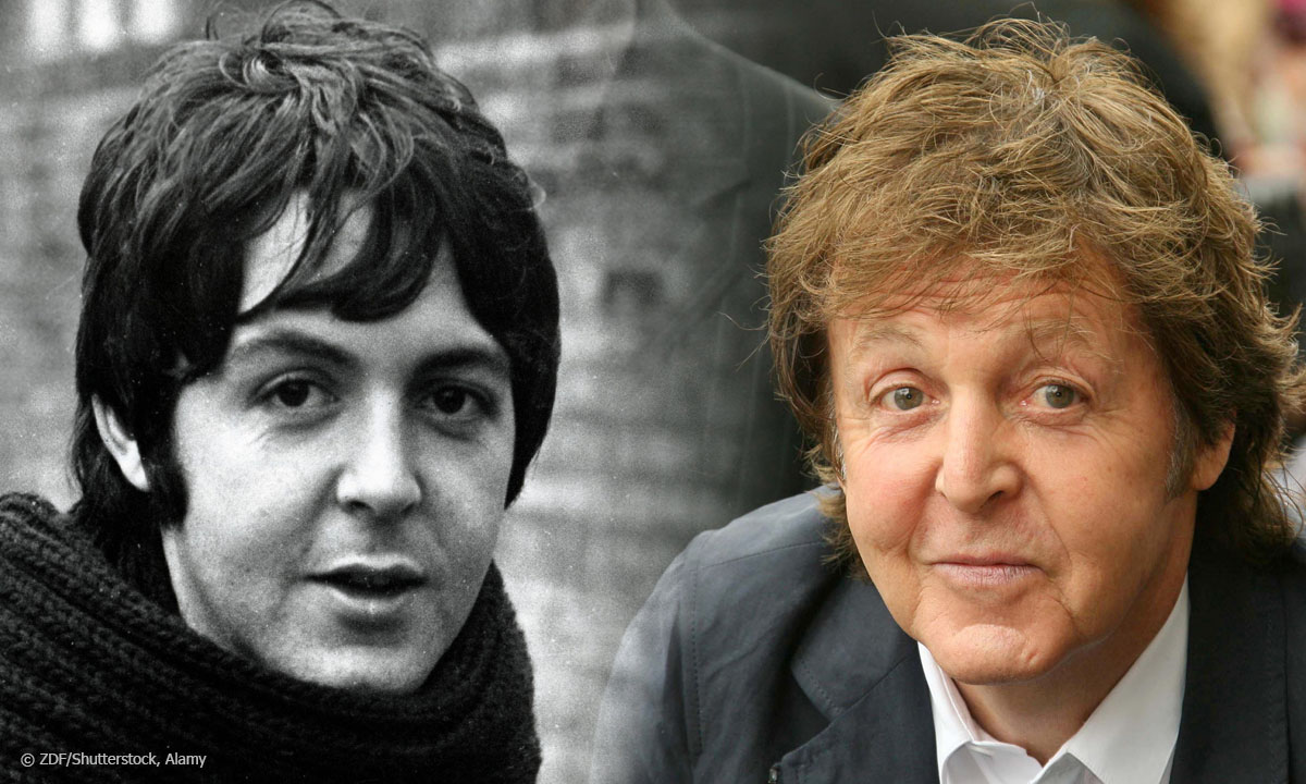 ZDFzeit: Mensch Paul McCartney! - Der ewige Beatle": Montage aus einem Schwarz-Weiß-Foto von Paul McCartney aus den 60er-Jahren und einem aktuellen Foto von ihm. © ZDF/Shutterstock, Alamy