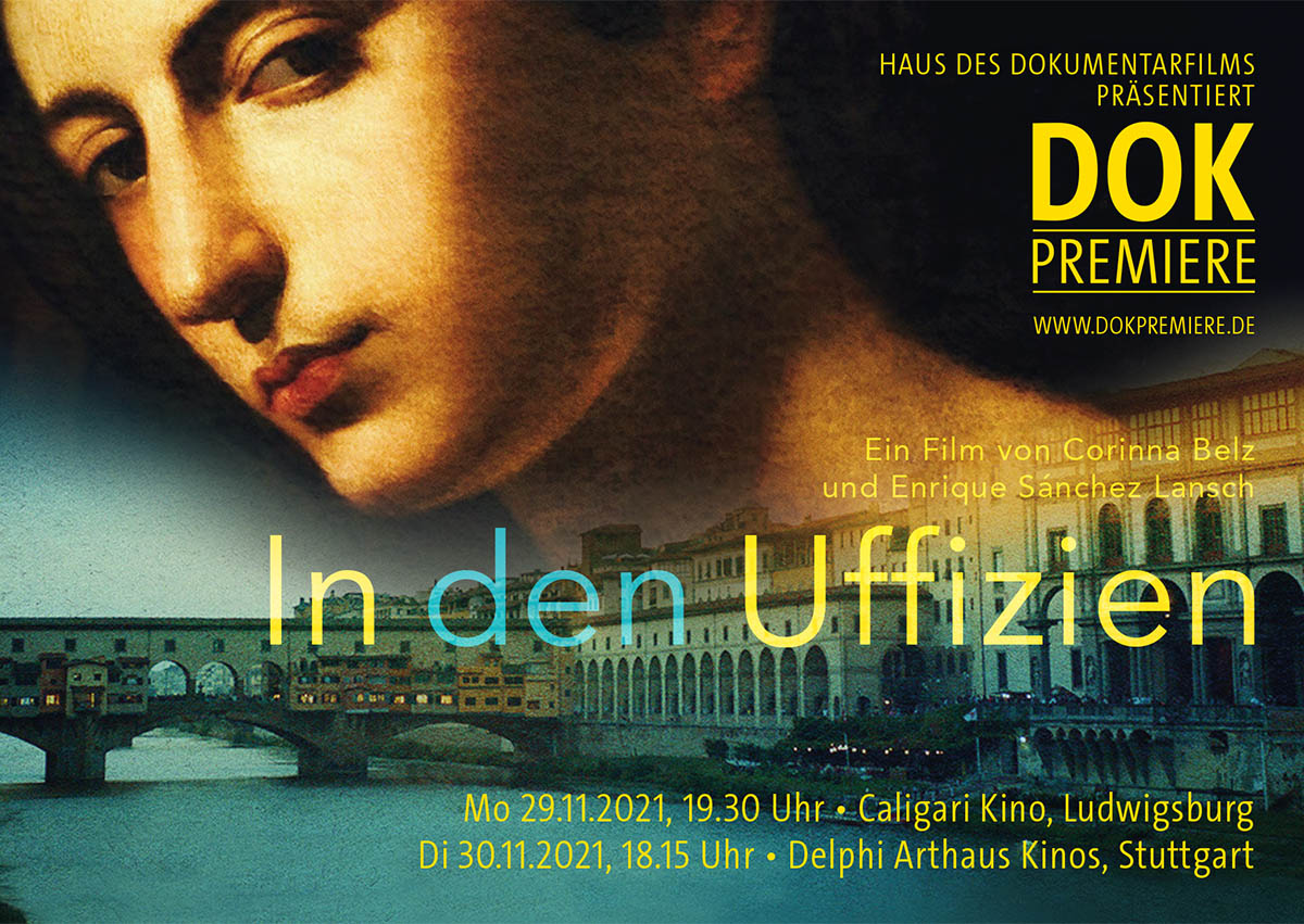 Postkarte für die DOK Premiere von In den Uffizien mit Porträt aus altem Gemälde und der Ponte Vecchio im Hintergrund