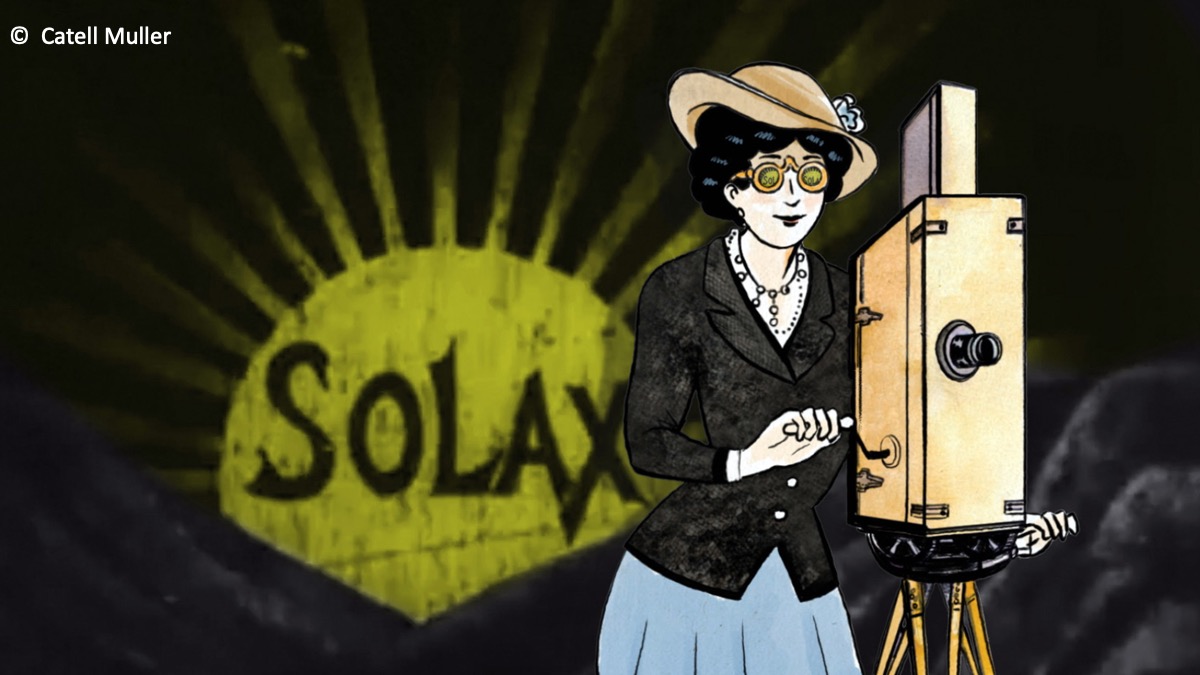 Illustration der Filmemacherin Alice Guy mit einer Filmkamera