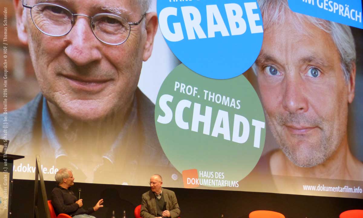 Hans-Dieter Grabe (r.) und Thomas Schadt (l.) bei Dokville 2016 »Im Gespräch« © HDF / Thomas Schneider