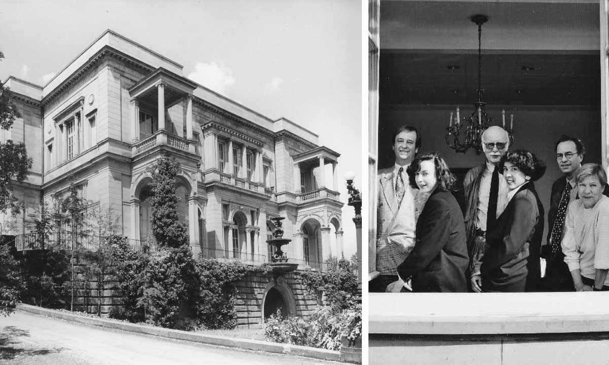 Die Villa Berg in Stuttgart (links) beheimatete das HDF nach seiner Gründung. Das Foto rechts zeigt die Gründungsbelegschaft mit dem Vorstand der ersten Stunde (v.l.n.r.): Dieter Ertel, Gisela Huber, Anita Bindner (frühere Raith), Dr. habil. Peter Zimmermann, Lucia Jans, Dr. Kurt Stenzel